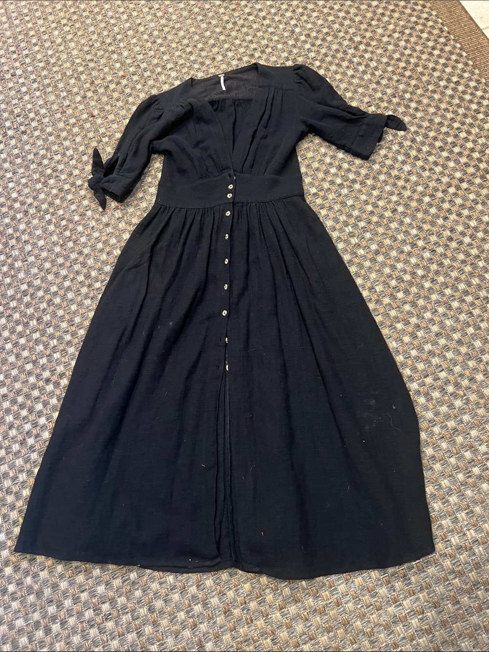 Free People Black Button-Front Maxi Dress with Tie Sleeves